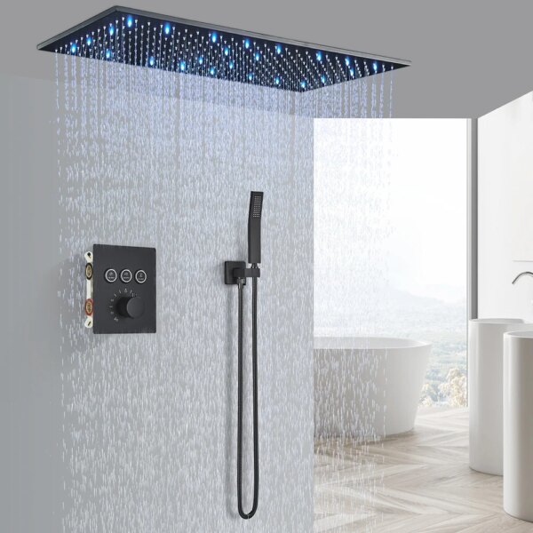 Grifo de ducha de techo, cabezal de ducha LED de lluvia grande, Sistema de ducha oculto, ducha integrada negra