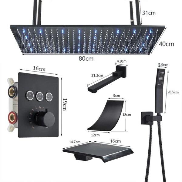 Grifo de ducha de techo, cabezal de ducha LED de lluvia grande, Sistema de ducha oculto, ducha integrada negra - Image 6