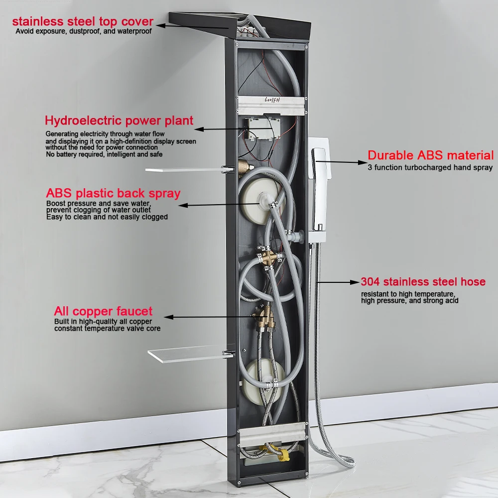 Panel de ducha con luz LED negra/cepillada, columna de baño con chorro de masaje, sistema de ducha termostático, grifo mezclador montado en la pared