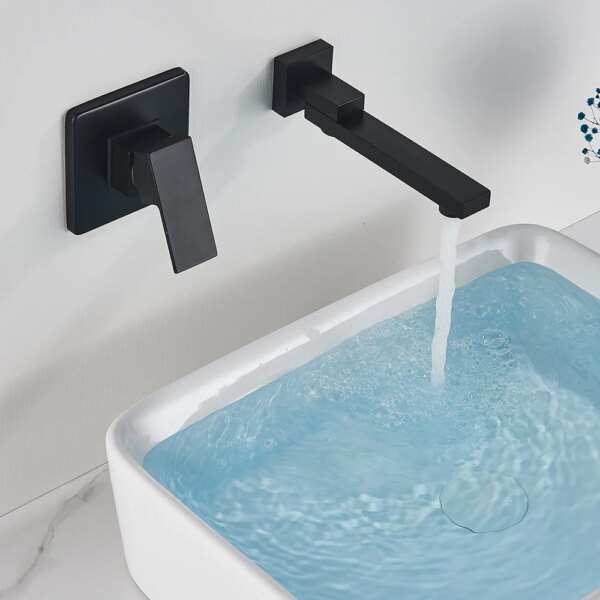 Grifo de lavabo giratorio para baño, mezclador de agua caliente y fría montado en la pared, instalación oculta, color negro mate - Image 2