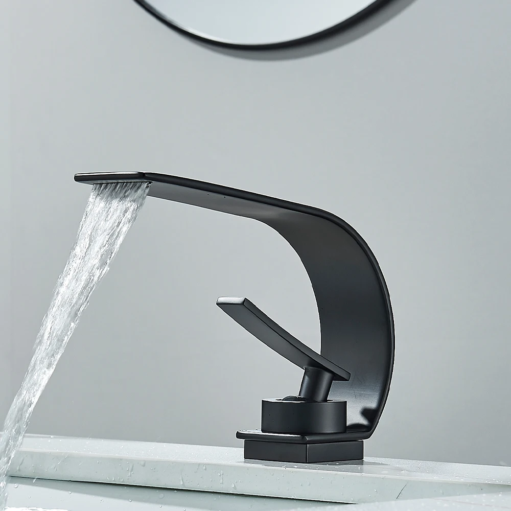 Grifo de fregadero de baño de estilo fino negro, mezclador moderno, agua fría y caliente, cascada, montado en cubierta