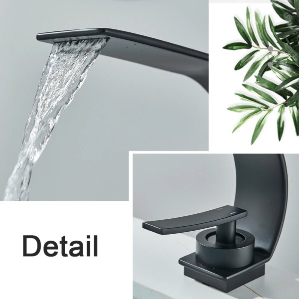 Grifo de fregadero de baño de estilo fino negro, mezclador moderno, agua fría y caliente, cascada, montado en cubierta - Image 4