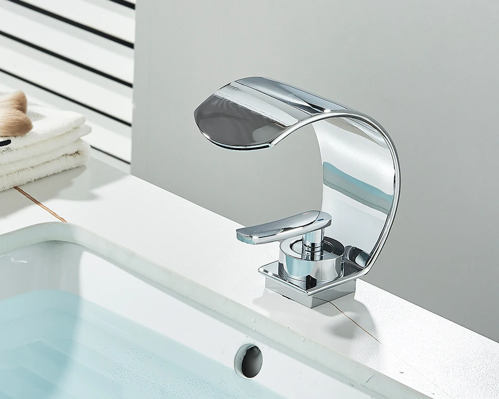 Grifo de fregadero de baño de estilo fino negro, mezclador moderno, agua fría y caliente, cascada, montado en cubierta