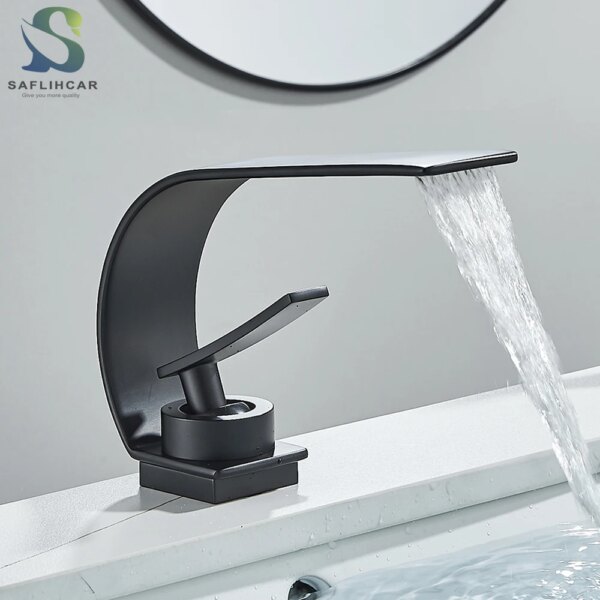 Grifo de fregadero de baño de estilo fino negro, mezclador moderno, agua fría y caliente, cascada, montado en cubierta