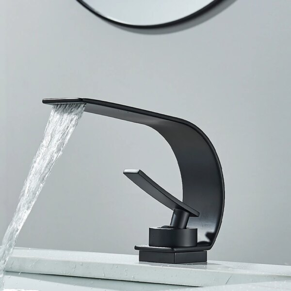 Grifo de fregadero de baño de estilo fino negro, mezclador moderno, agua fría y caliente, cascada, montado en cubierta - Image 3