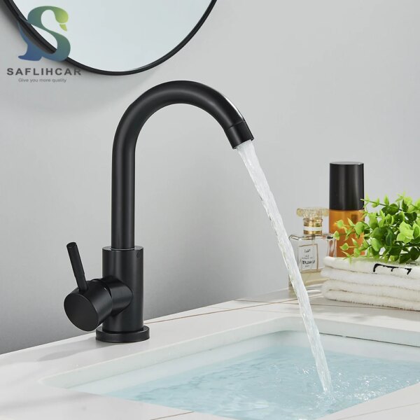 Grifo de lavabo de baño negro de acero inoxidable 304, mezclador de lavado en frío y caliente, rotación de 360, grifos de fregadero de un solo Mango, níquel cepillado