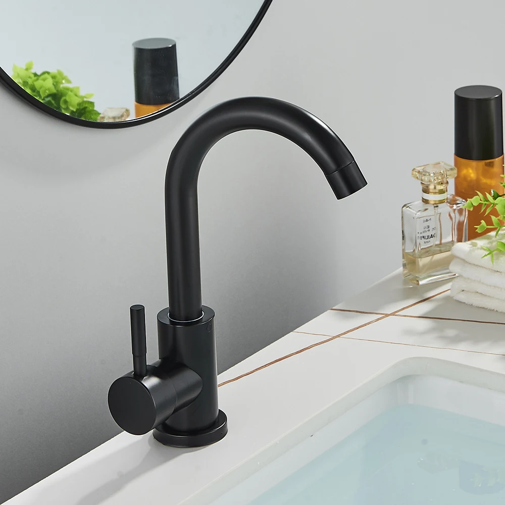 Grifo de lavabo de baño negro de acero inoxidable 304, mezclador de lavado en frío y caliente, rotación de 360, grifos de fregadero de un solo Mango, níquel cepillado